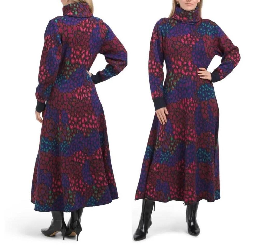 Farm Rio Leopard Mix turtleneck knit midi dress size medium